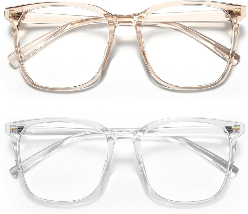 MACJERO 2-Pack Oversized Square Blue Light Blocking Glasses for Women Men, Anti-Fatigue Computer Monitor Gaming Glasses Reduce Eye Strain(transparent Brown+Clear) - Image 1